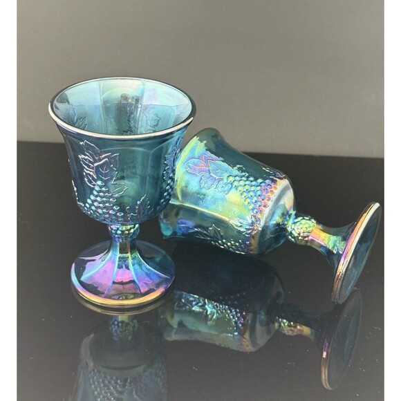 Vintage Indiana Glass Blue Iridescent Grape Goblets Set of 4 - 8 oz MCM - Picture 5 of 12